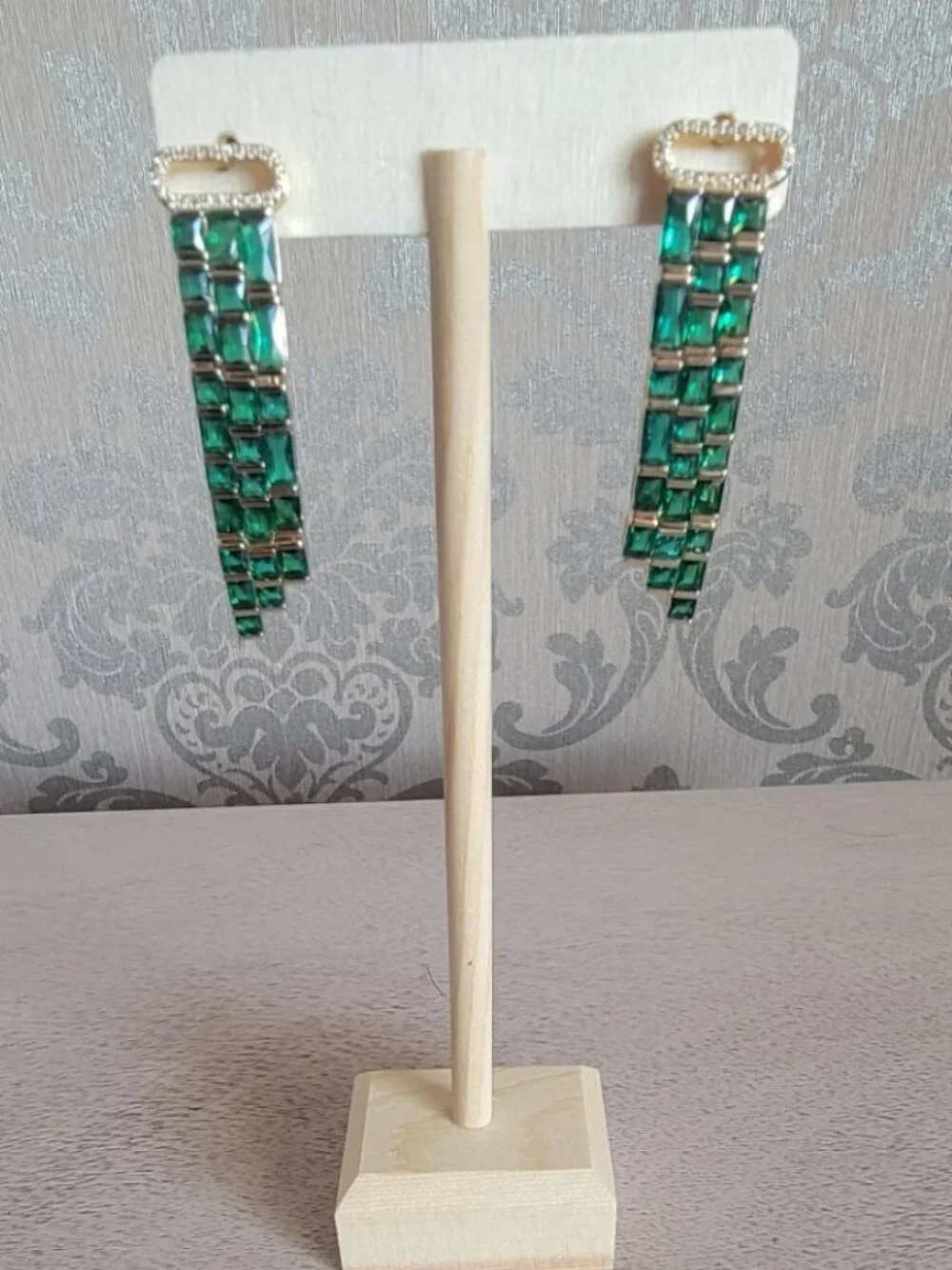 Green Glass and Simulated Diamond Earrings in Gold Tone